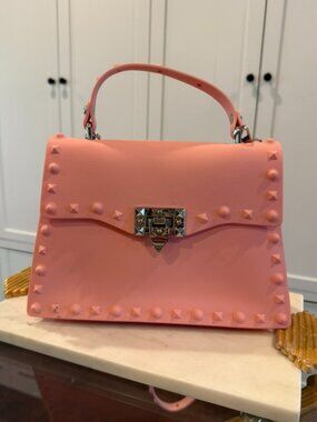 Jelly Coral Pink Studded Satchel Crossbody Statement Bag